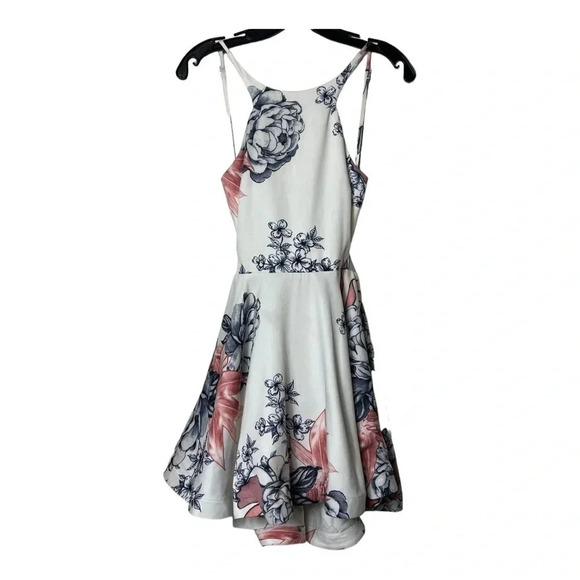UNKNOWN BRAND FLORAL SWIRL PELPUM DRESS SEE MEASUREMENTS WHITE/NAVY BLUE/PINK - Picture 2 of 12